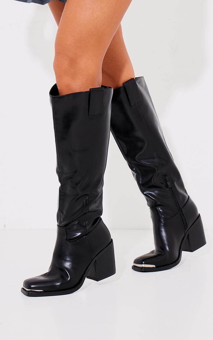 Black PU Square Toe Knee High Block Heeled Western Boots Product Image