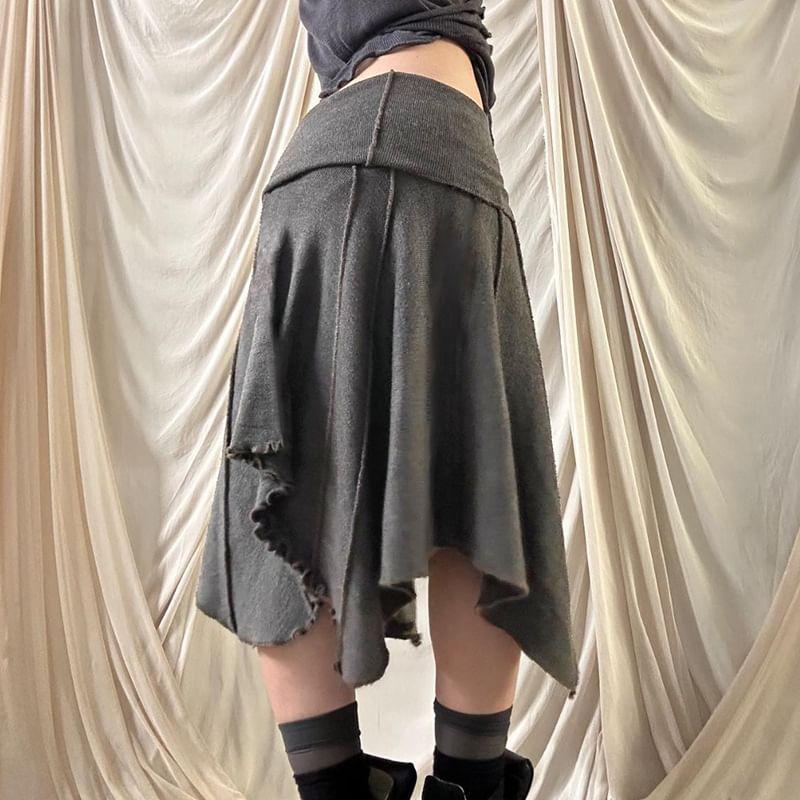 Low Waist Plain Paneled Ruffled-Trim Asymmetric-Hem Midi Skirt Product Image