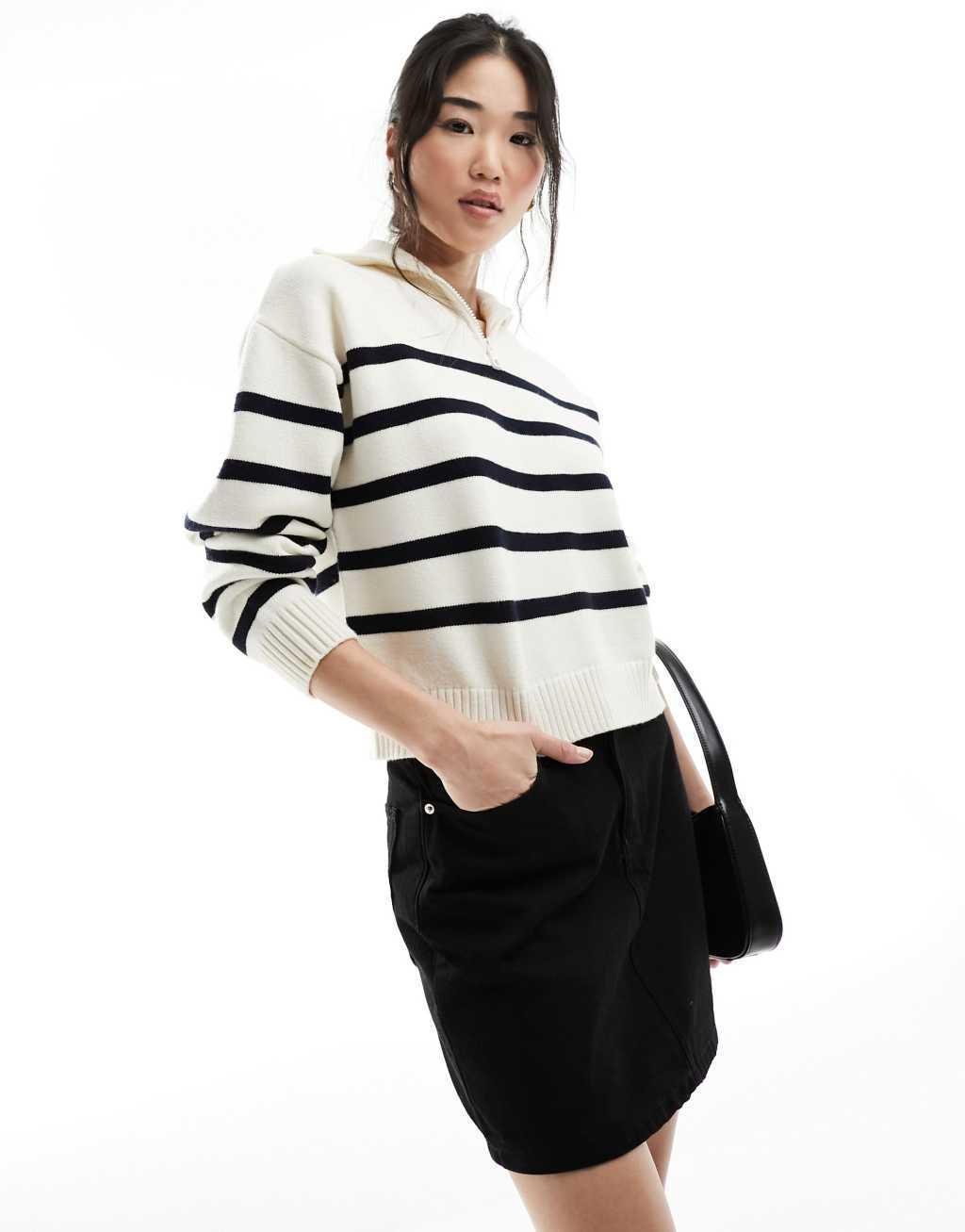 Cotton On lightweight half zip knit sweater in ecru navy stripe  Product Image