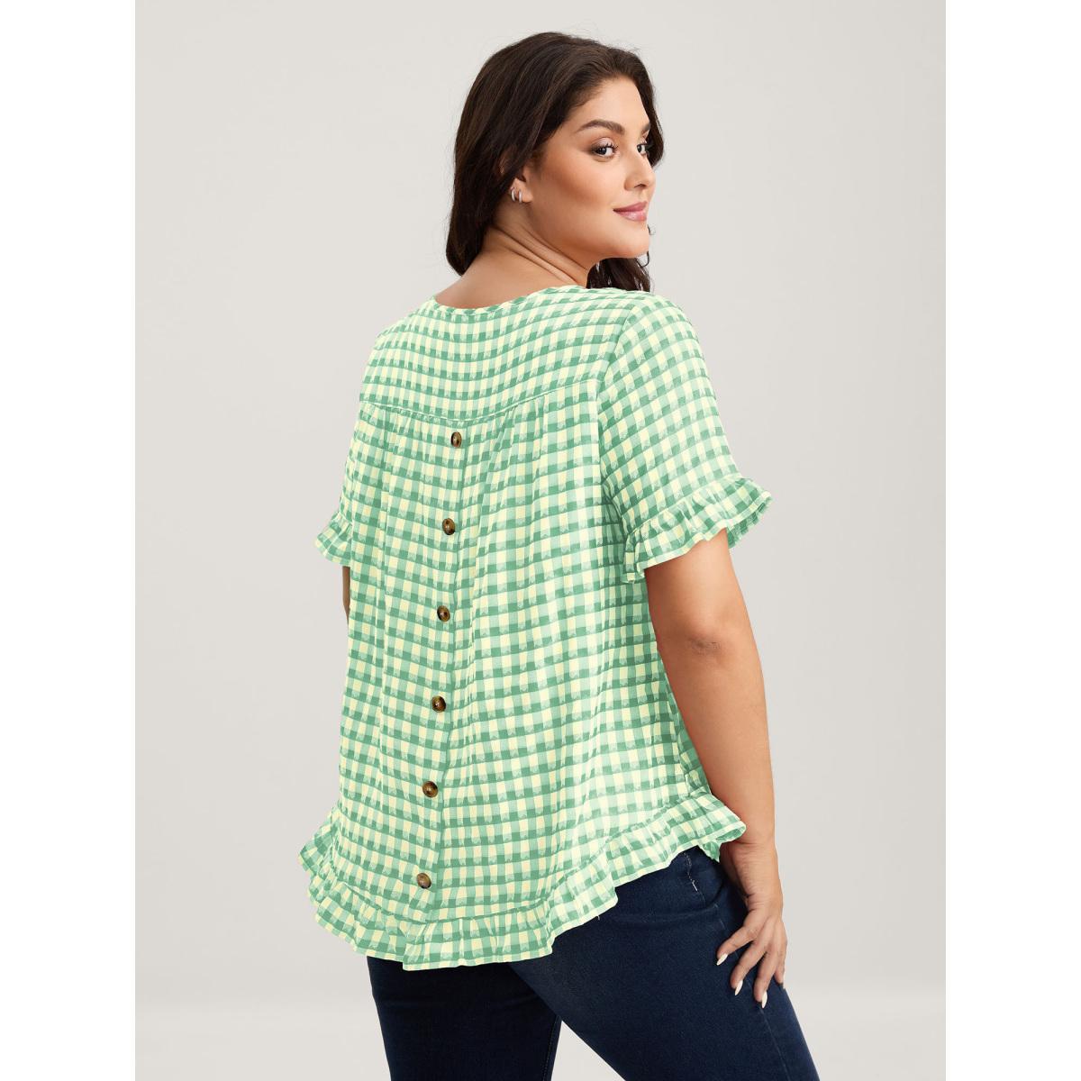 Plus Size Malachitegreen Gingham Print Button Back Blouse Women Short sleeve Round Neck Everyday-Casual Blouses BloomChic 28/5X Product Image