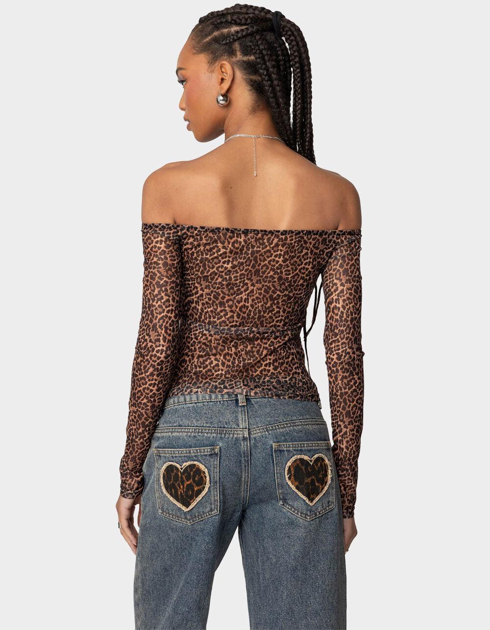 EDIKTED Leopard Sheer Mesh Off Shoulder Top Product Image