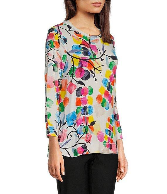 Ali Miles Petite Size Abstract Print Knit Round Neck 3/4 Sleeve Tunic Product Image