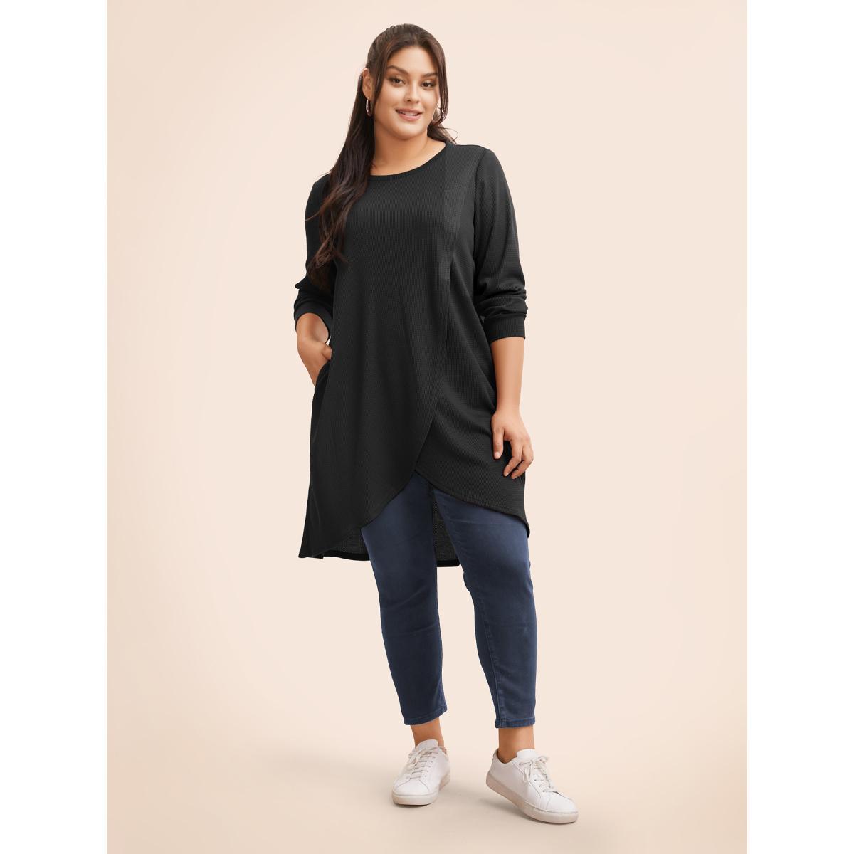 Plus Size Solid Waffle Knit Overlap Hem T-shirt Black Women Leisure Overlapping Round Neck Casual T-shirts BloomChic 18-20/2X Product Image