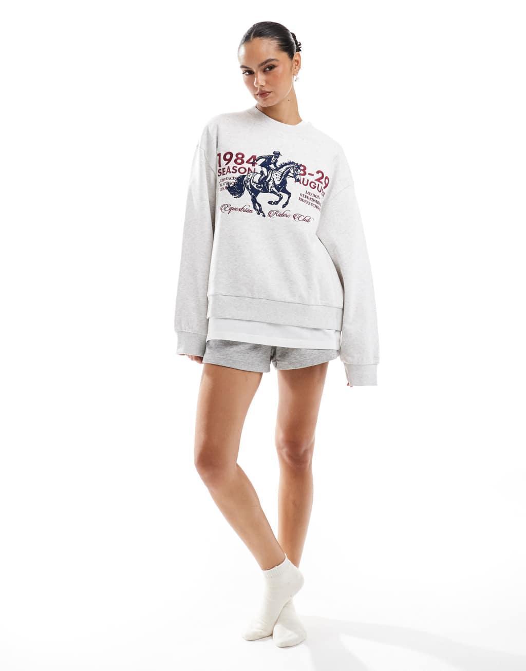 ASOS DESIGN oversized sweat with horse graphic in ice heather Product Image