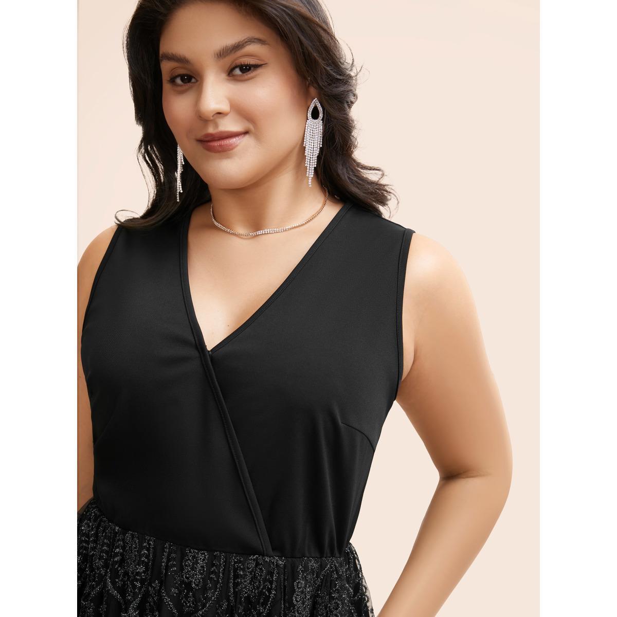 Plus Size Embroidered Mesh Patchwork Sleeveless Dress Black Women Formal Texture Overlap Collar Sleeveless Curvy BloomChic 22-24/3X Product Image