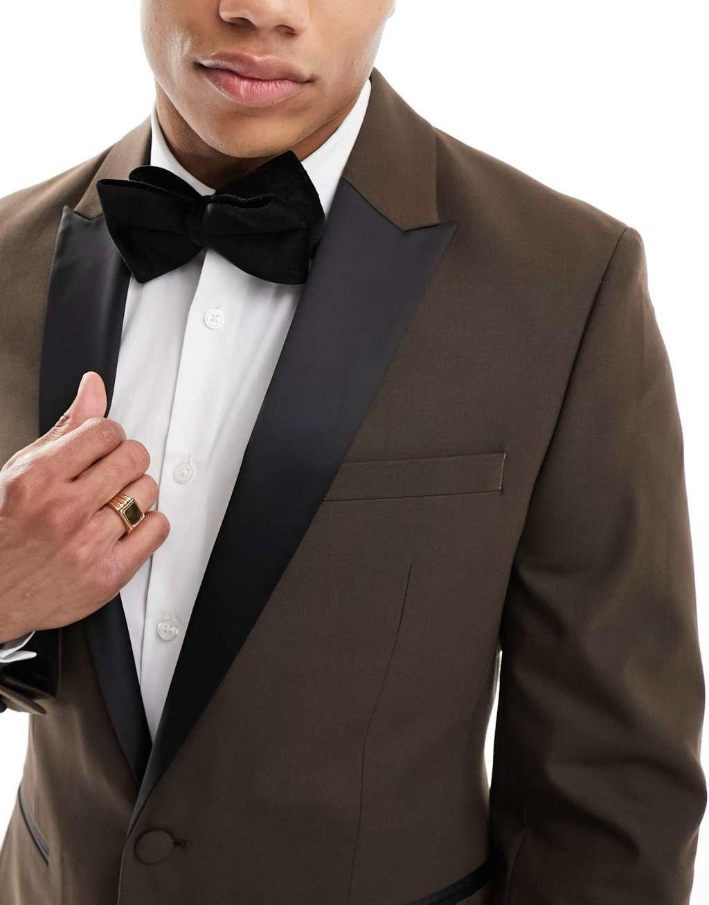 ASOS DESIGN skinny tuxedo suit jacket in brown Product Image