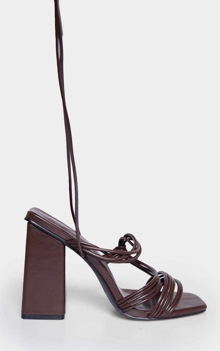 Chocolate Pu Square Toe Strappy Lace Up Block Heeled Sandals Product Image