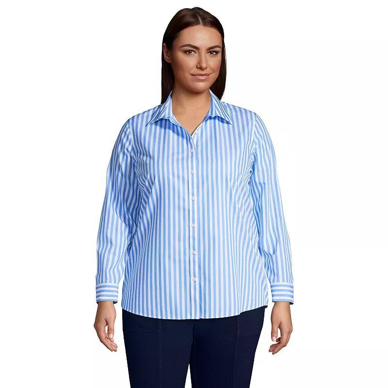 Plus Size Lands End Wrinkle-Free No Iron Button-Front Shirt, Womens Green Wide Stripe Product Image