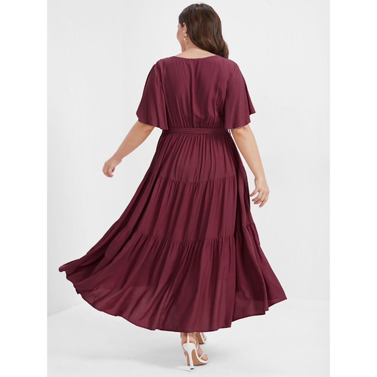 Plus Size Solid Button Pocket Belted Ruffles Wrap Midi Dress Burgundy Women Elegant Cross straps V-neck Short sleeve Curvy Long Dress BloomChic 22-24/3X Product Image