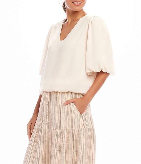 Karen Kane Silky Crepe V-Neck Short Puff Sleeve Top Product Image