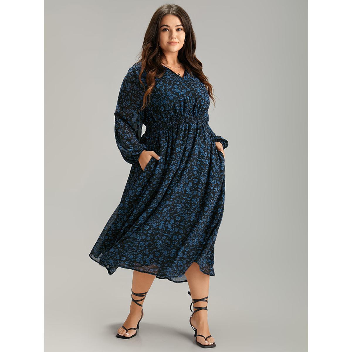 Plus Size Chiffon Ditsy Floral Pocket Shirred Cuffs Dress Black Women Elegant Elastic cuffs V-neck Long Sleeve Curvy Midi Dress BloomChic 12/L Product Image