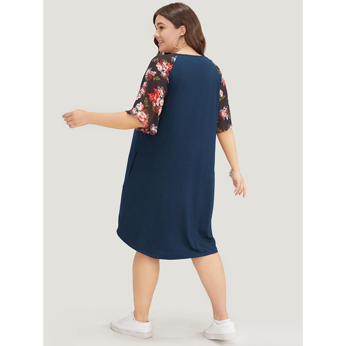 Plus Size Floral Raglan Sleeve Lace Trim Pocket Arc Hem Dress DarkBlue Women Casual Non V-neck Short sleeve Curvy Midi Dress BloomChic 14-16/1X Product Image