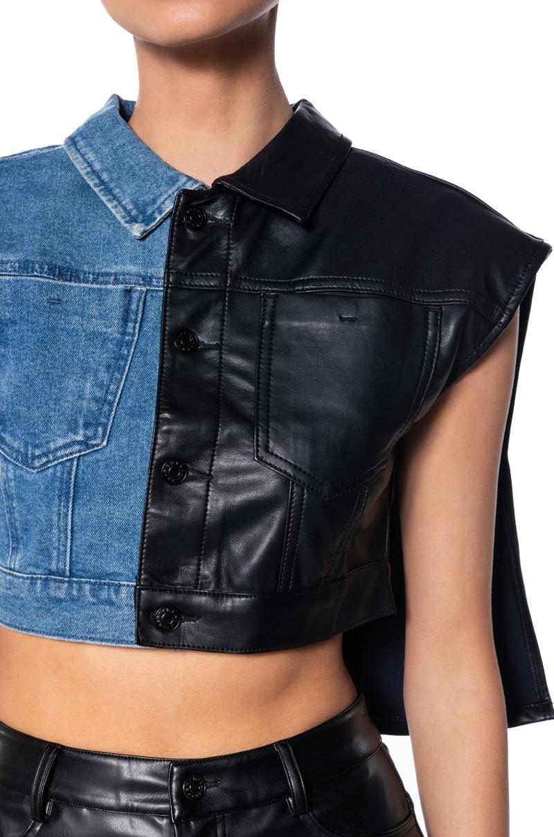 LOW RIDER HALF PU CROP DENIM VEST WITH CAPE Product Image