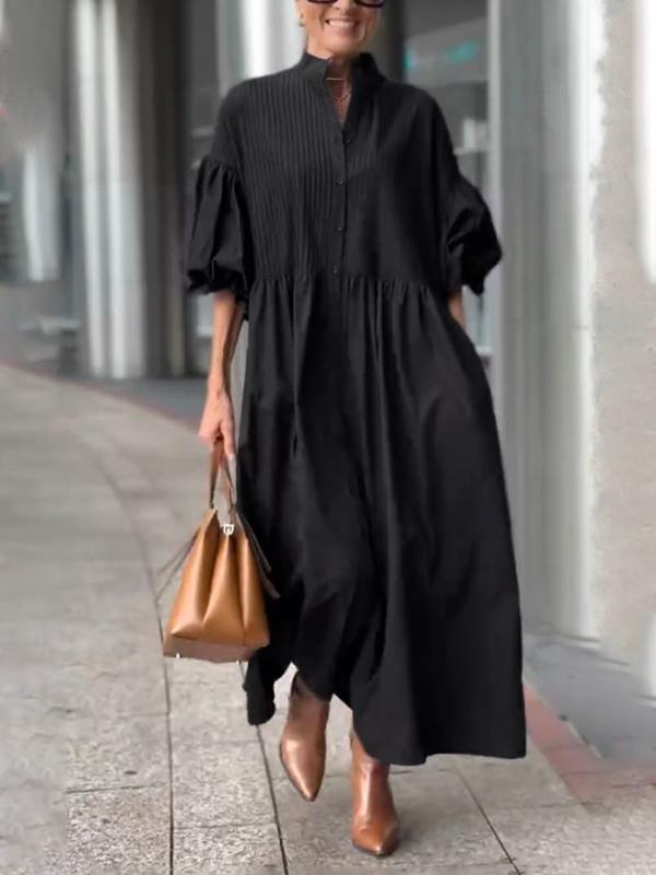 Half Sleeves Loose Buttoned Pleated Solid Color Tied Waist Stand Collar Maxi Dresses Product Image
