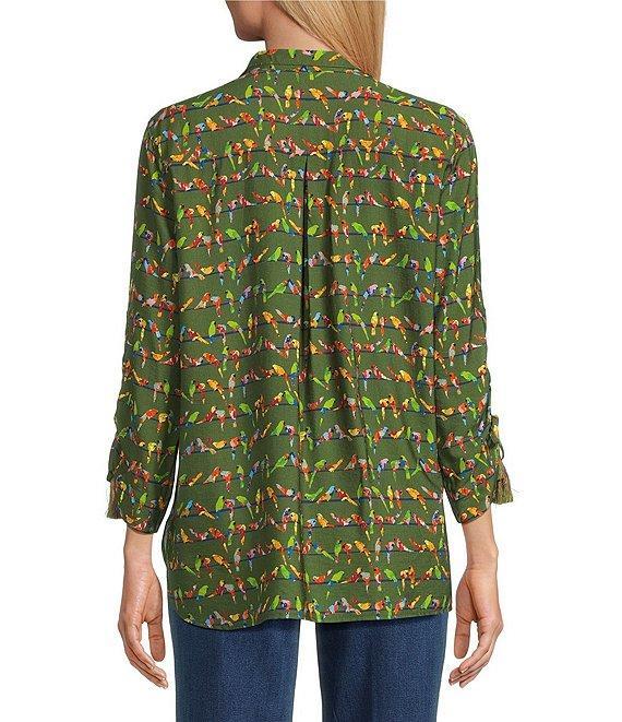 John Mark Woven Parrot Print Wire Collar 3/4 Cinched Tie Sleeve Hi Low Hem Button Front Tunic Product Image