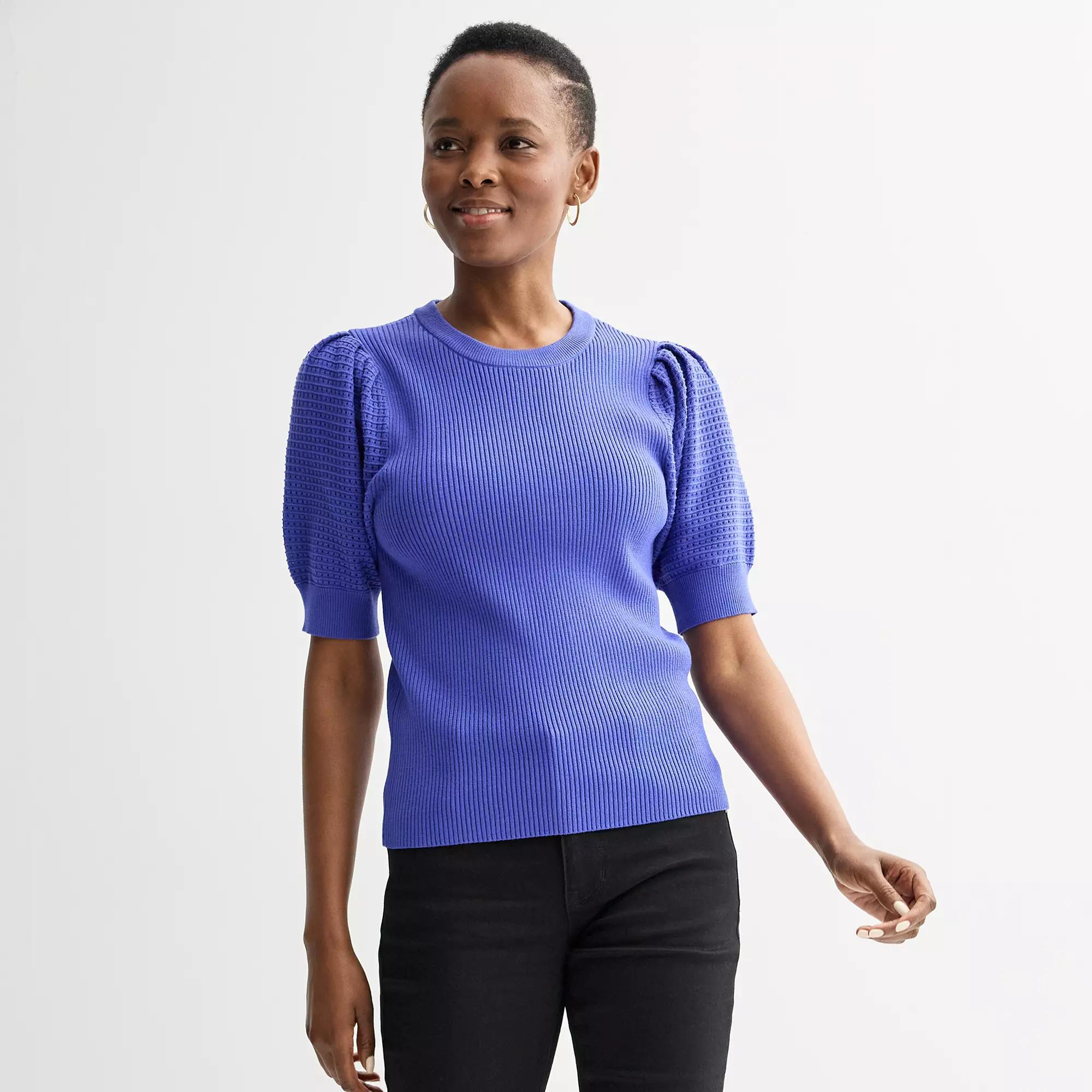 Women's Nine West Open Stitch Elbow Sleeve Sweater Tee, Size: XXL, Daisy Dew Product Image