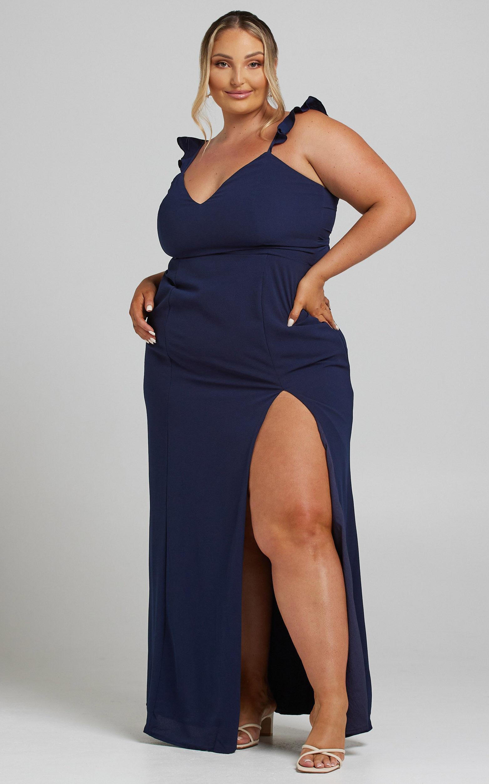 More Than This Maxi Dress - Ruffle Strap Thigh Split Dress in Navy Product Image