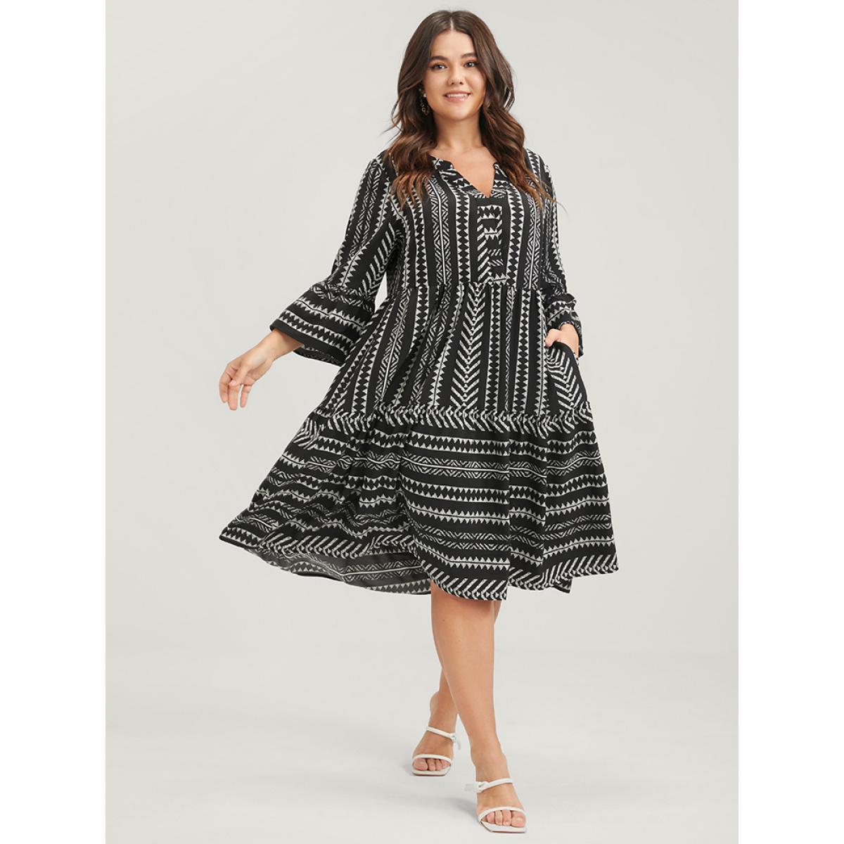 Plus Size Bloom Dress -Geometric Pocket Ruffles V Neck Knee Dress Black Women Vacation Pocket V-neck Elbow-length sleeve Curvy Knee Dress BloomChic 14-16/1X Product Image