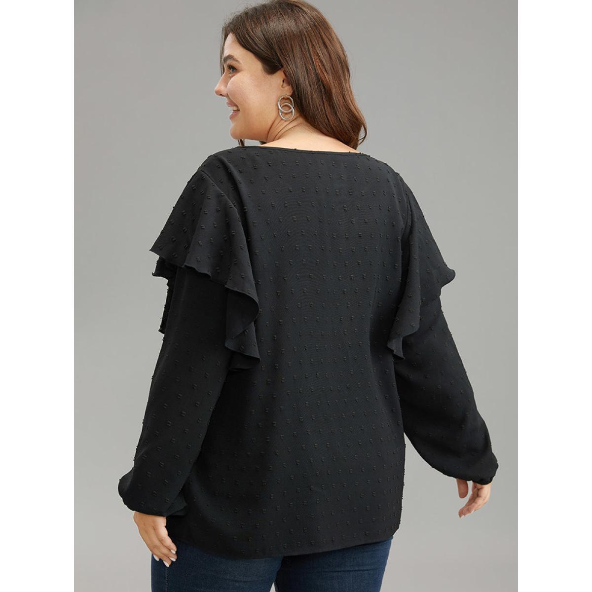 Plus Size Black Solid Contrast Lace Tiered Ruffles Blouse Women Elegant Long Sleeve Round Neck Dailywear Blouses BloomChic 12/L Product Image