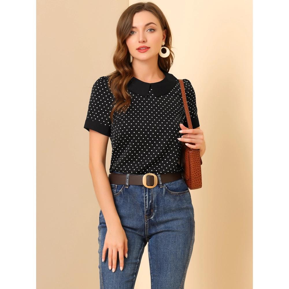 Allegra K Women's Peter Pan Collar Keyhole Back Vintage Polka Dots Blouses Product Image