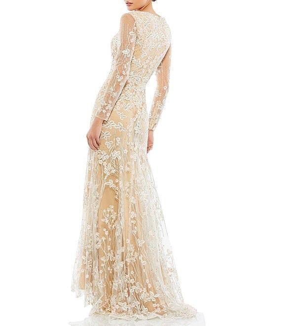 Mac Duggal V-Neck Illusion Long Sleeves Embroidered Mesh Trumpet Gown Product Image