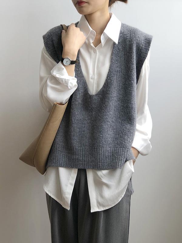Knitting Irregularity Solid V-Neck Vest Product Image
