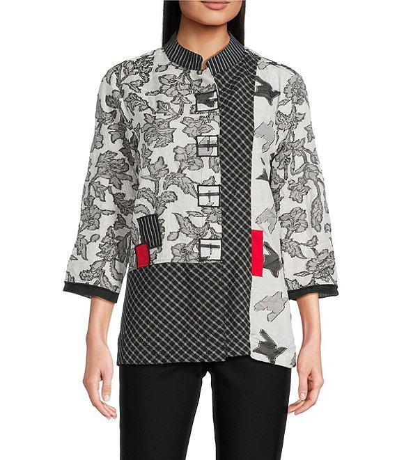 Ali Miles Jacquard Multi Patch Print Stand Collar 3/4 Sleeve Button Front Tunic Product Image