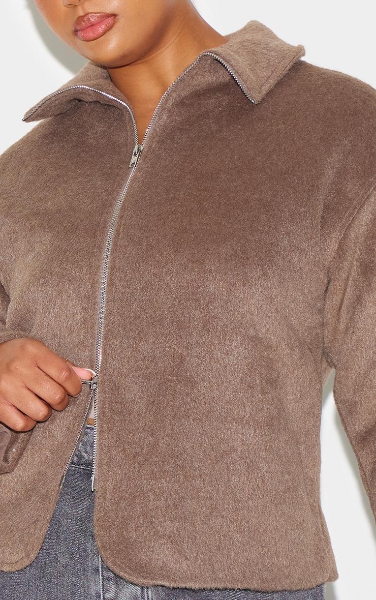Plus Taupe Wool Look Wide Collar Zip Up Jacket Product Image