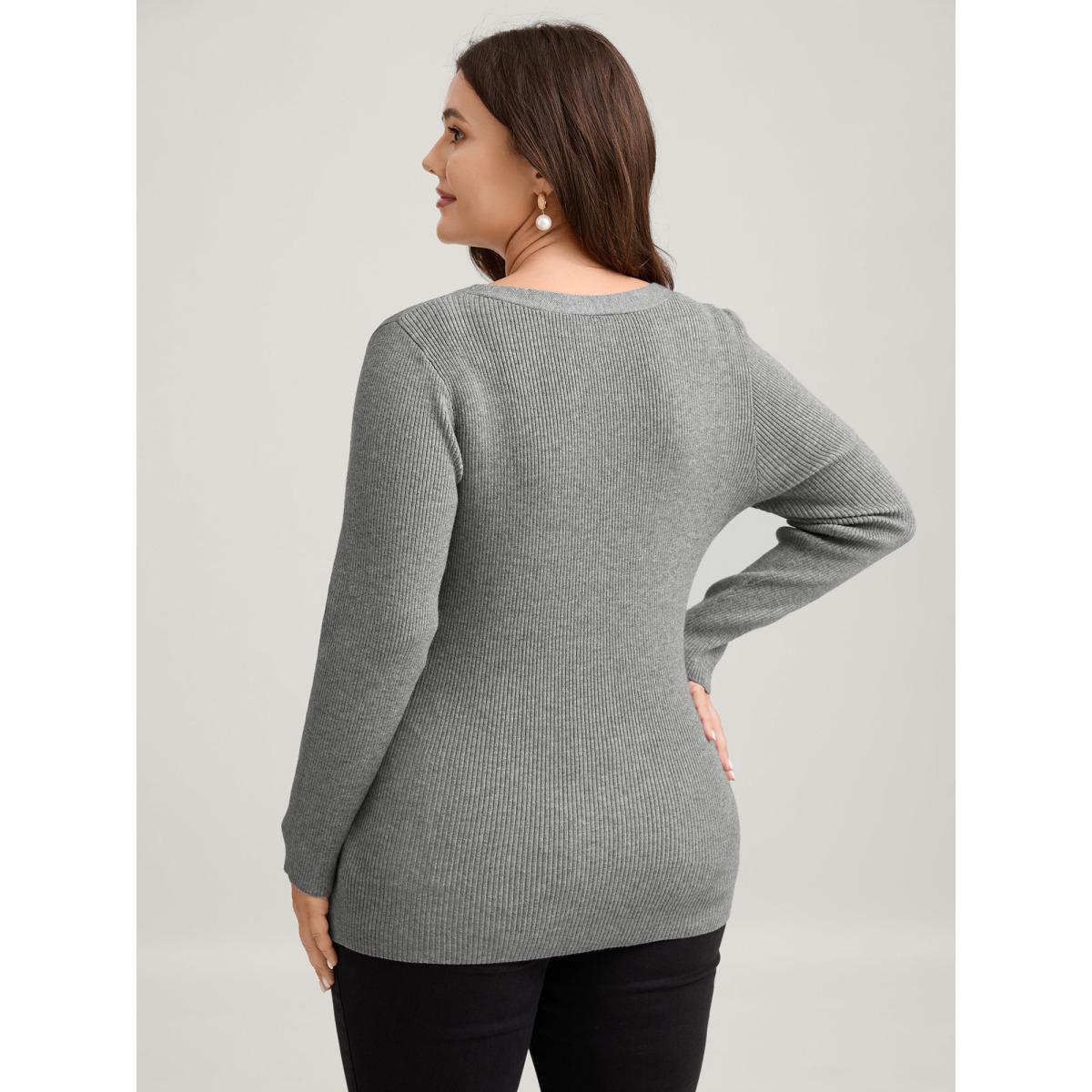 Plus Size Supersoft Stretchy Cable Knit Slit Front Fitted Pullover DarkGray Women Leisure Skinny Long Sleeve V-neck Casual Pullovers BloomChic 30/6X Product Image