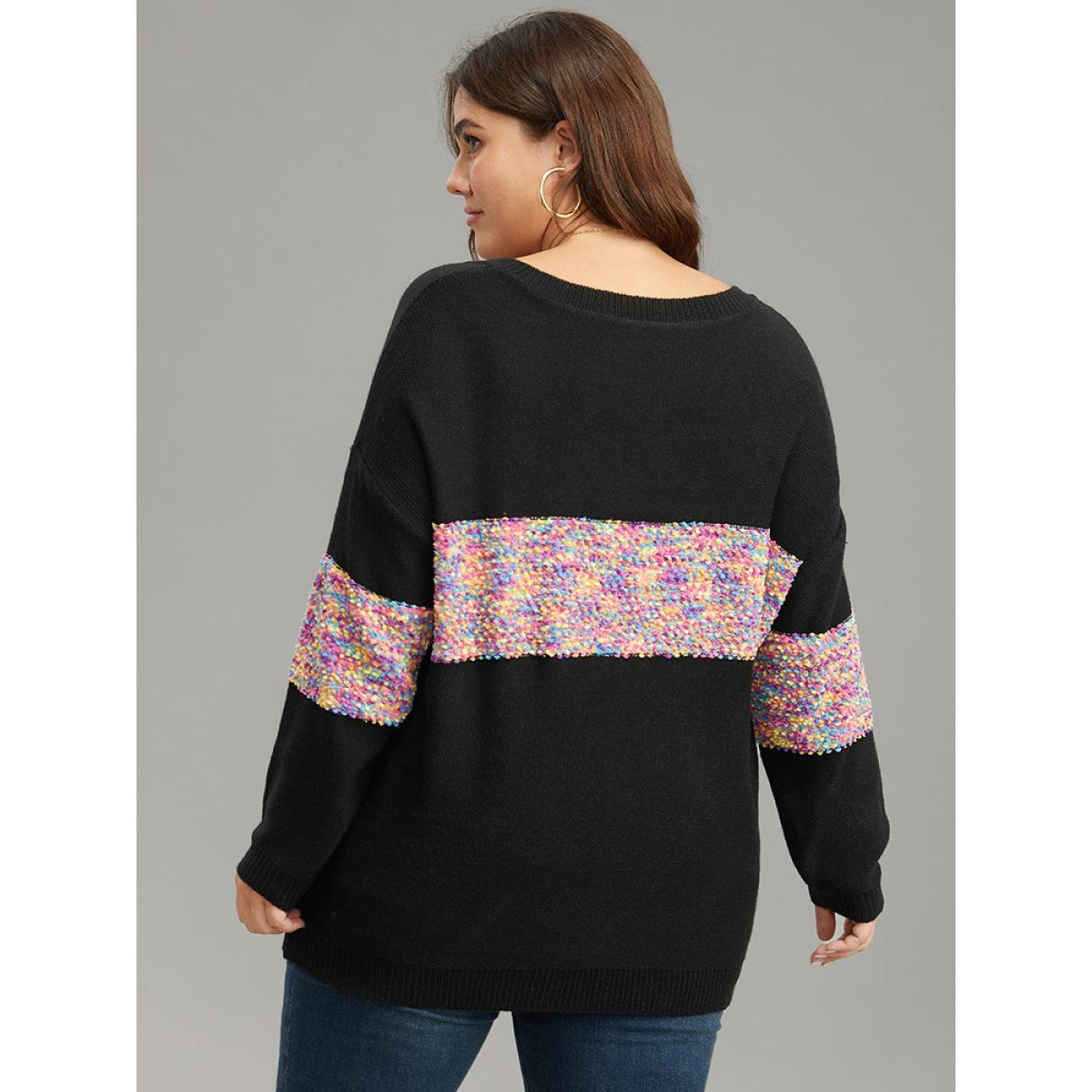 Plus Size Colour Heather Contrast V Neck Pullover Black Women Casual Loose Long Sleeve V-neck Dailywear Pullovers BloomChic 14-16/1X Product Image