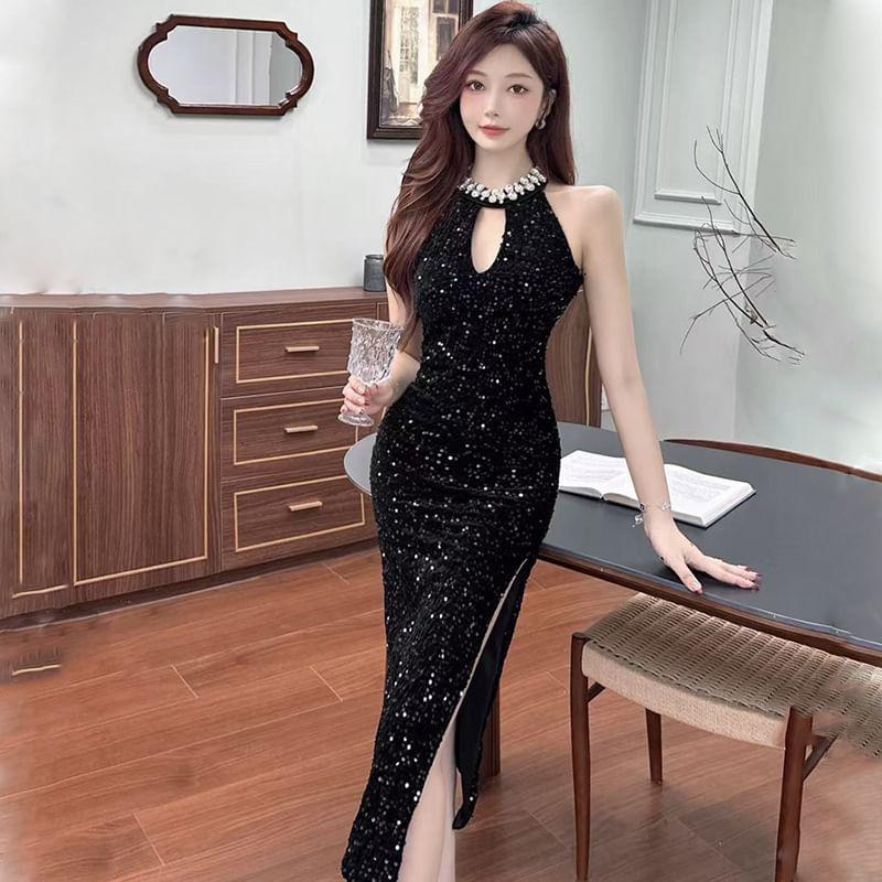 Halter Neck Rhinestone Sequin Slit Midi Bodycon Dress Product Image