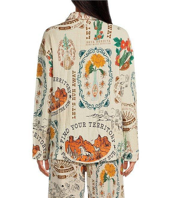 Agua Bendita Keshi Nopal Crinkle Woven Desert Print Collar Long Sleeve Button Front Top Product Image