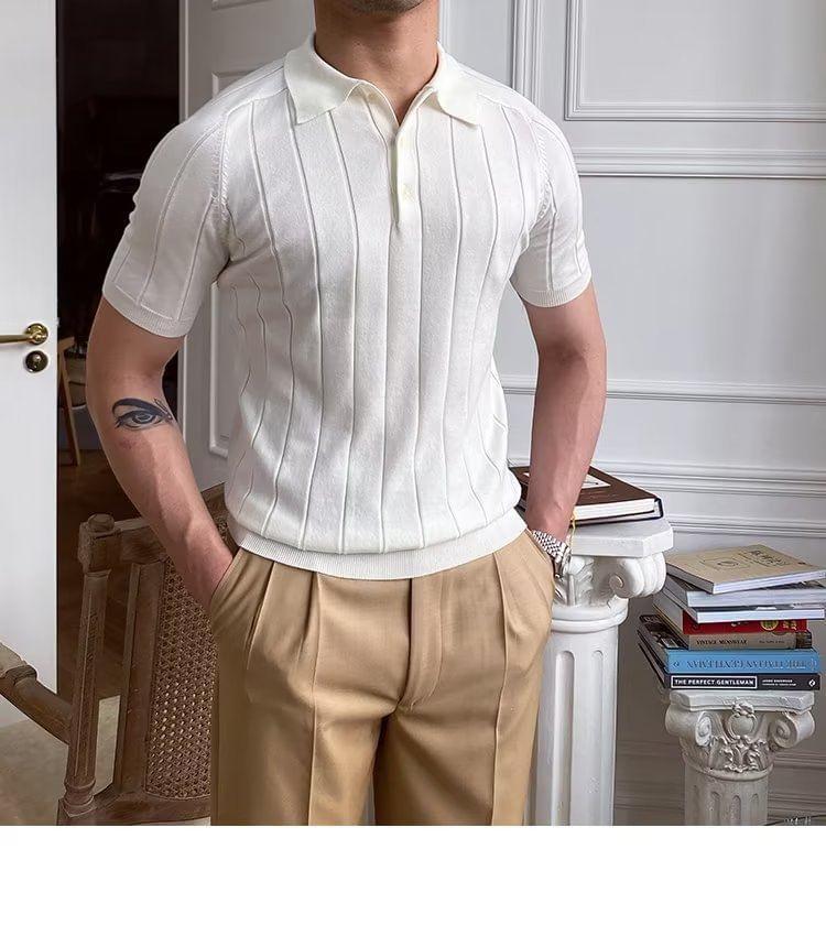 Short-Sleeve Plain Ribbed Polo Shirt Product Image