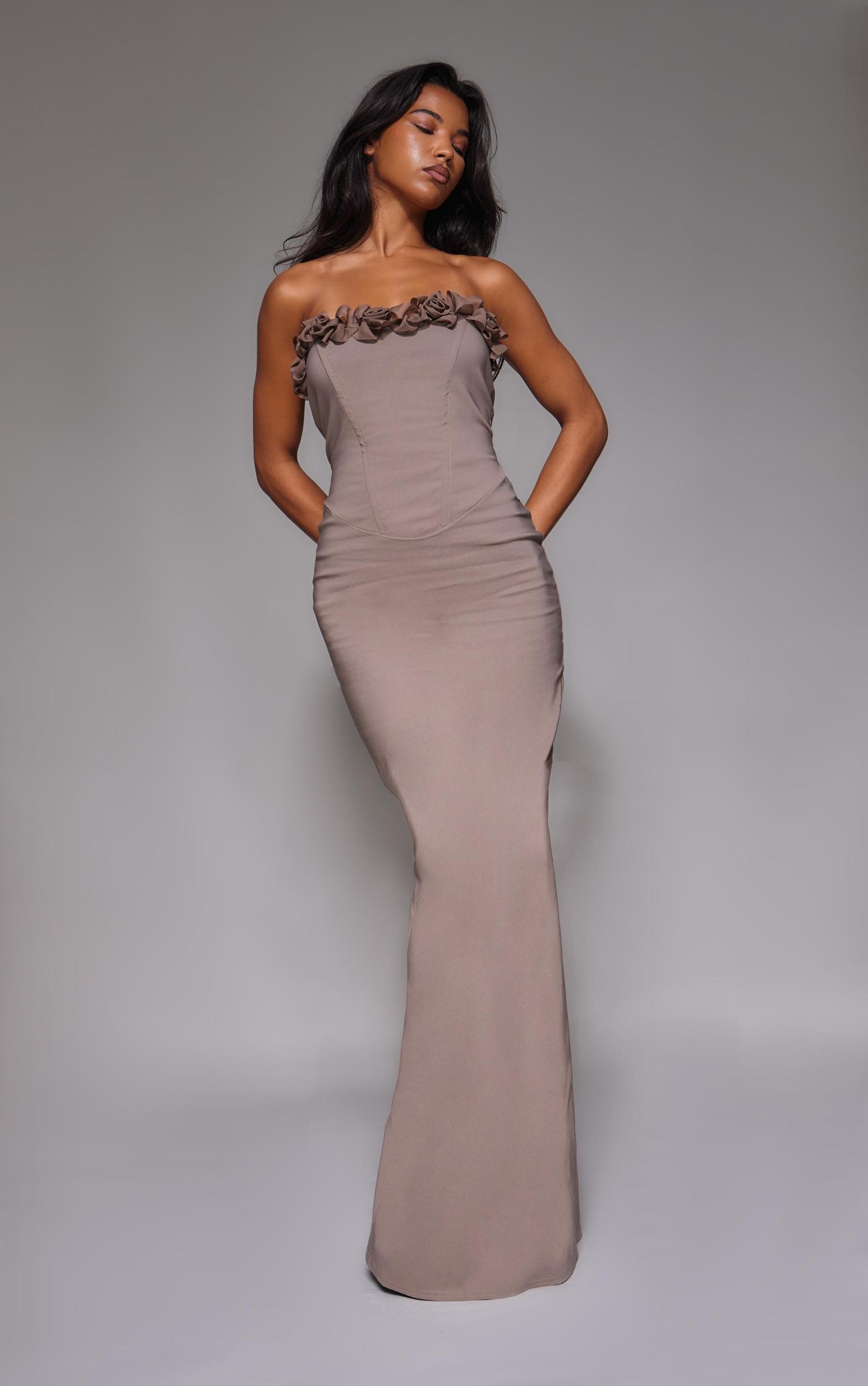 Mocha Stretch Woven Rosette Bandeau Maxi Dress Product Image
