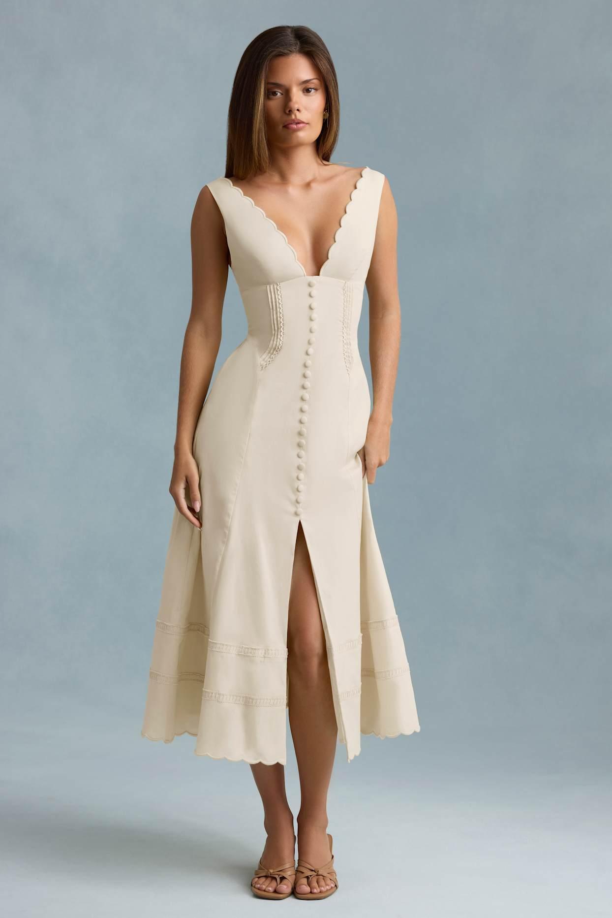 Cotton-Poplin A-Line Midaxi Dress in Ivory Product Image