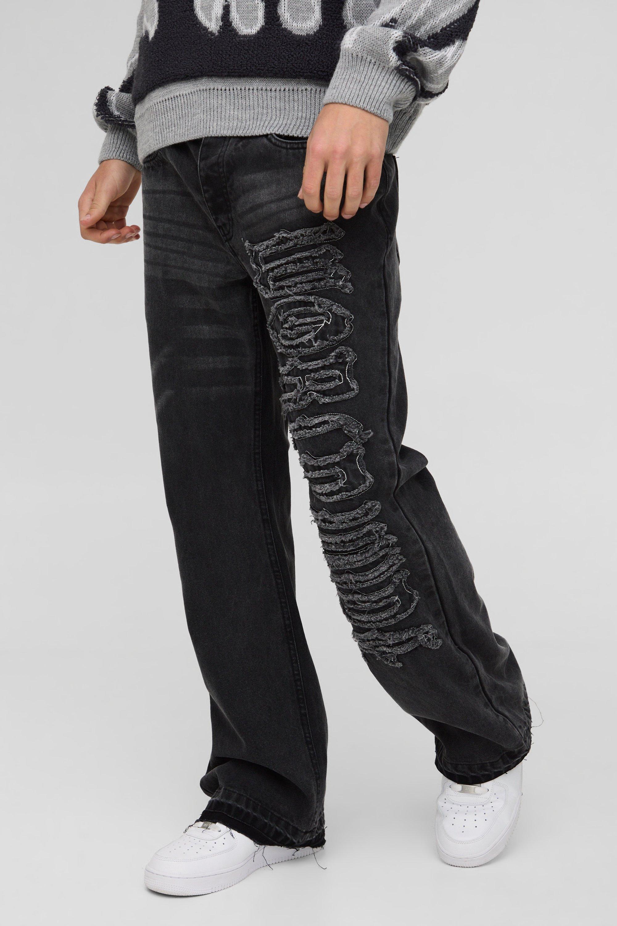 Relaxed Rigid Flared Applique Denim Jeans | boohooMAN USA Product Image