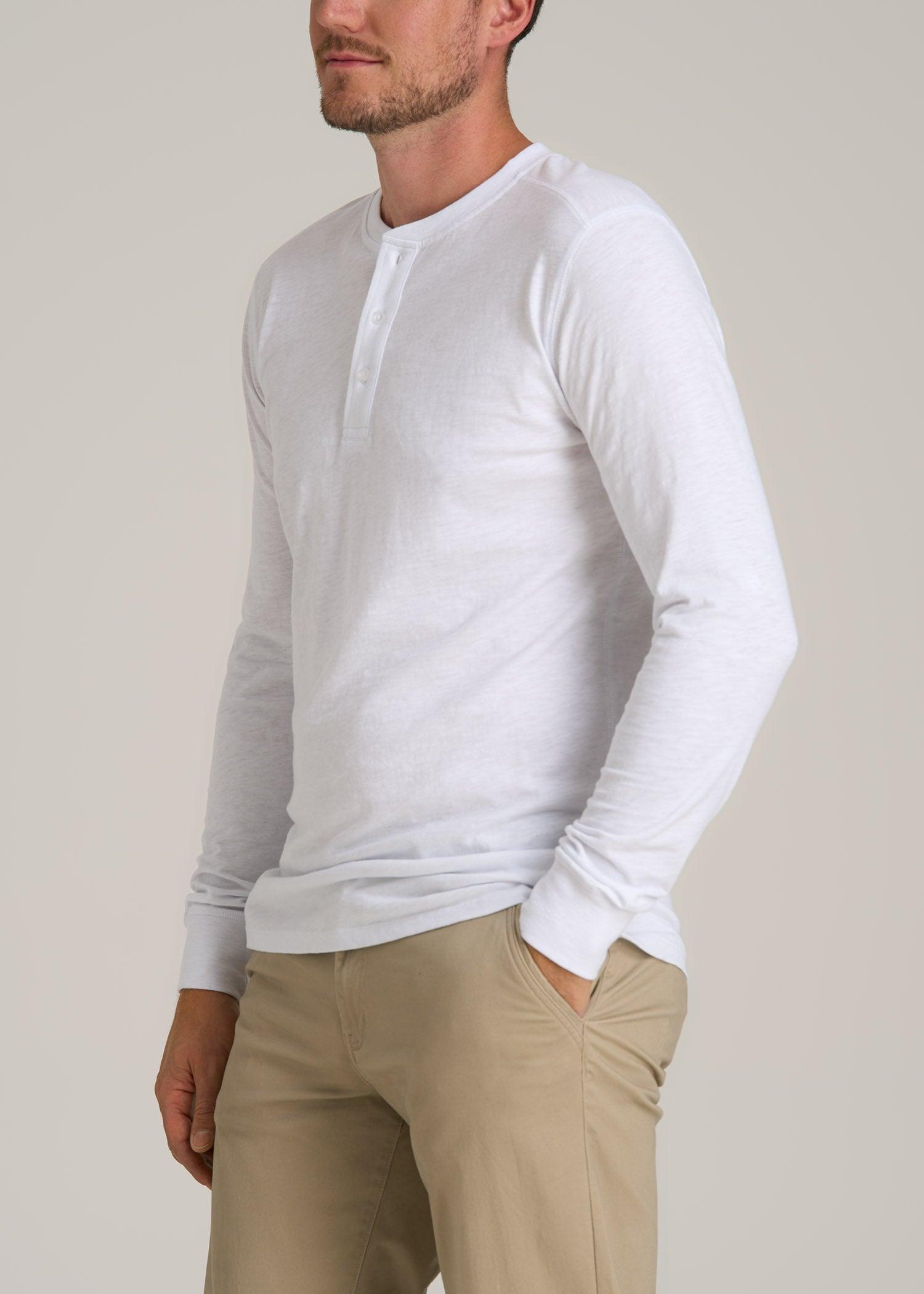 Three-Button Long Sleeve Slub Henley for Tall Men in White Male Product Image