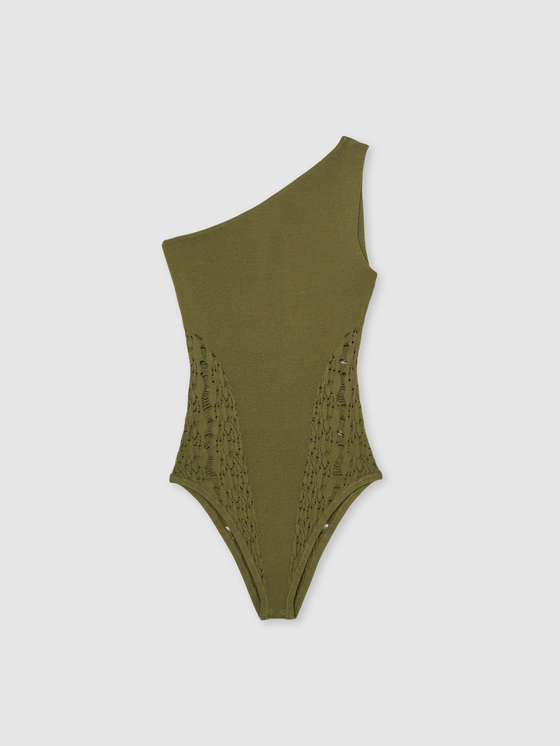 Lace-Knit Detail One-Shoulder Bodysuit in Green Product Image