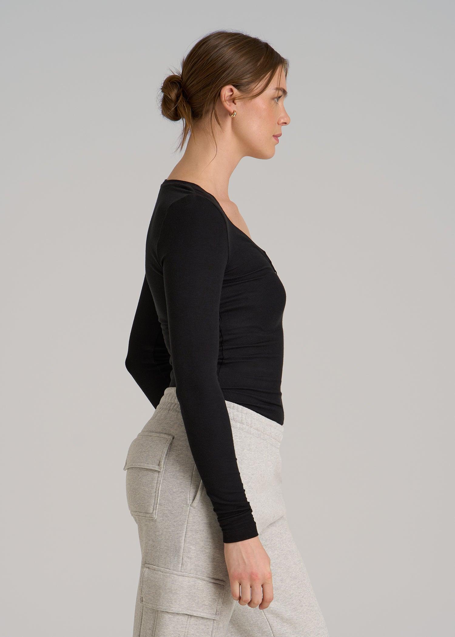 Fitted Ribbed Long Sleeve Henley for Tall Women in Black Female Product Image