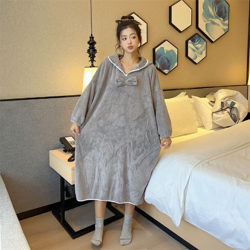 Long-Sleeve Bow Accent Hooded Fleece Midi Pajama Dress Product Image