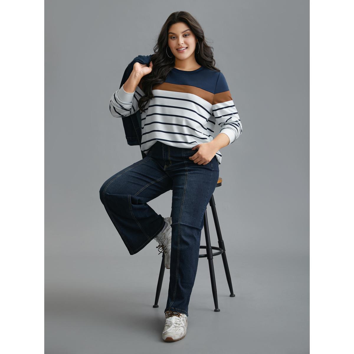 Plus Size Striped Contrast Round Neck Sweatshirt Women Midnight Casual Contrast Loose Round Neck Everyday Sweatshirts BloomChic 10/M Product Image