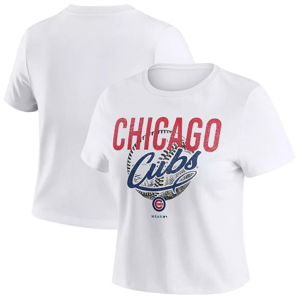 Women's WEAR by Erin Andrews  White Chicago Cubs Distressed Cropped Baby T-Shirt, Size: Large Product Image