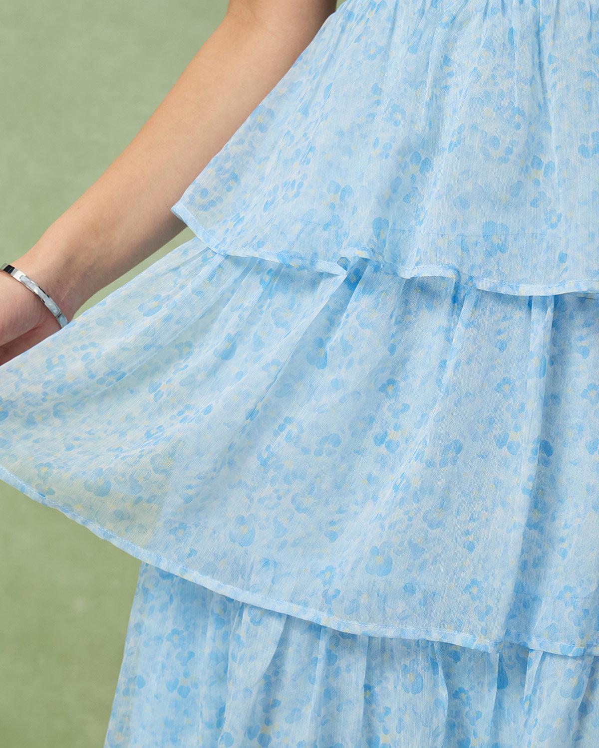 Blue Sweetheart Neck Tiered Midi Dress Product Image