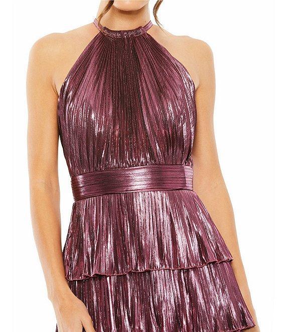 Mac Duggal Halter Neck Sleeveless Pleated Tiered Ruffle Metallic Gown Product Image