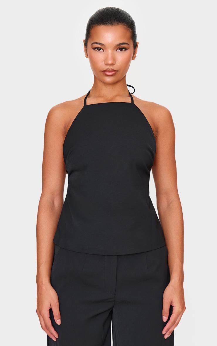 Black Tailored Woven Open Back Long Line Top Product Image