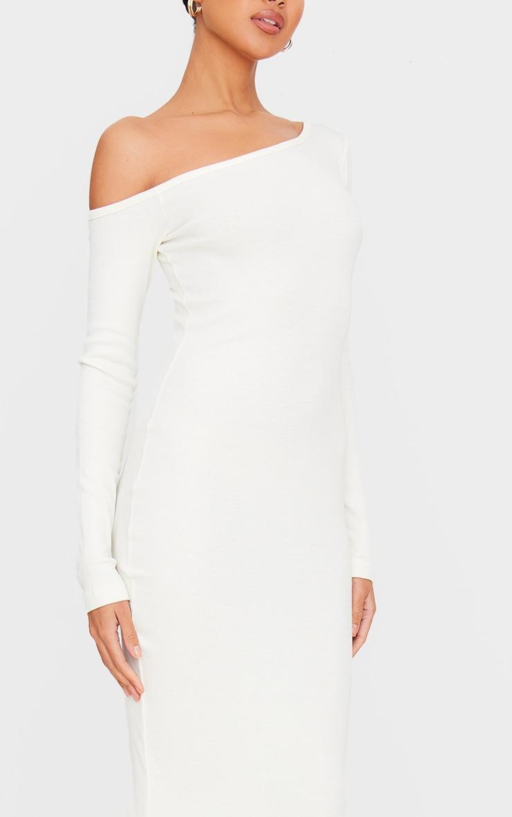  Cream Ribbed One Shoulder Long Sleeve Maxi Dress Product Image