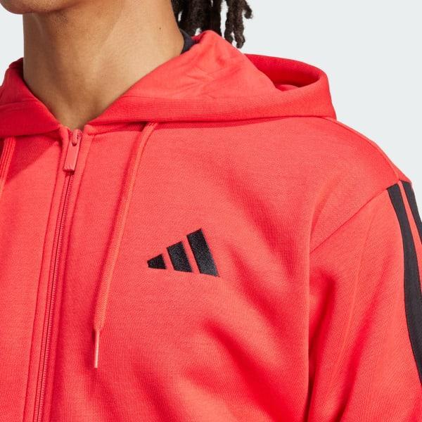 Men's adidas Essentials 3-Stripes Fleece Sportswear Zip Front Hoodie, Size: Small, Pure Ruby Black Product Image