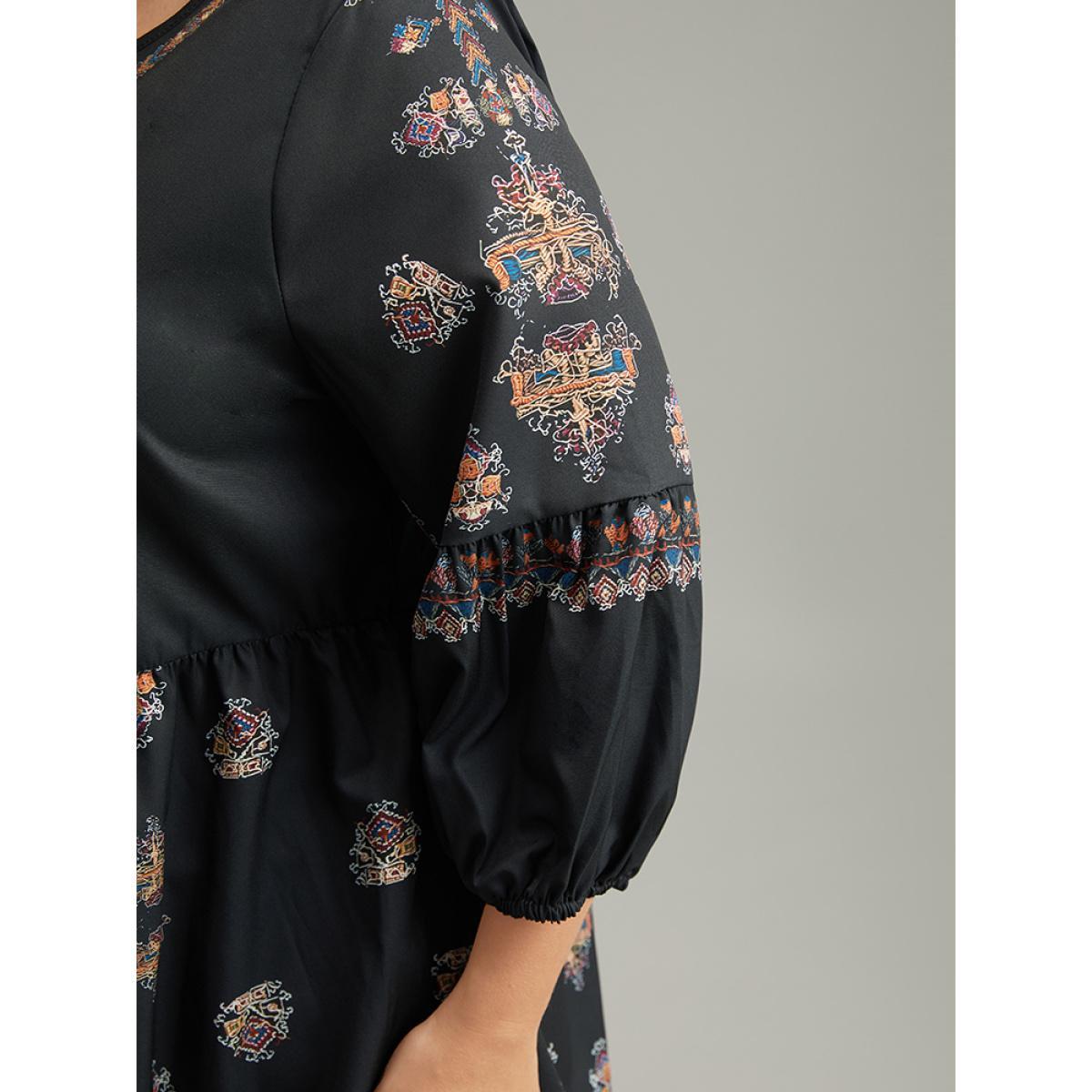 Plus Size Black Boho Print Lantern Sleeve Button Detail Blouse Women Vacation Elbow-length sleeve Round Neck Vacation Blouses BloomChic 14-16/1X Product Image