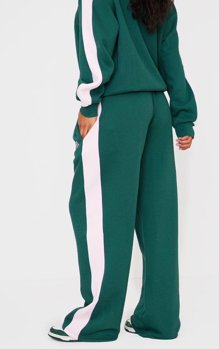 Dark Green Embroidered Athletics Contrast Panel Wide Leg Sweatpants Product Image