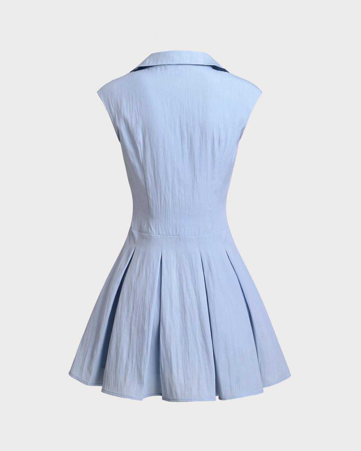 Blue Button A-Line Sleeveless Mini Dress Product Image